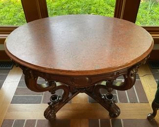 Antique Victorian Walnut and Marble Accent / Occasional Table. Measures 42" W x 30" D x 28.5" H. Photo 1 of 6.