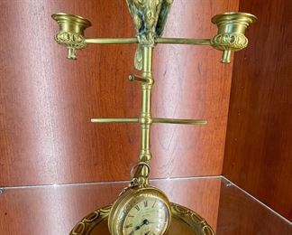 Brass Double Arm Candelabra with Parakeet Finial.