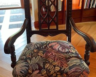 Set of 6 Victorian Gothic Revival Dining Chairs with Floral Tapestry-Style Upholstered Seats (2 Arm Chairs). Each Measures 26" W with 20" Seat Height. Photo 1 of 5.