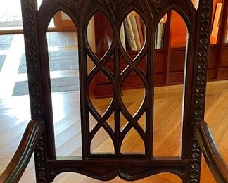 Set of 6 Victorian Gothic Revival Dining Chairs with Floral Tapestry-Style Upholstered Seats (2 Arm Chairs). Each Measures 26" W with 20" Seat Height. Photo 2 of 5.