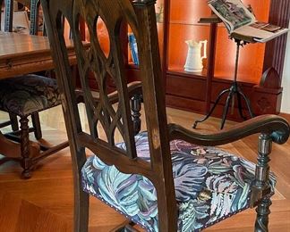 Set of 6 Victorian Gothic Revival Dining Chairs with Floral Tapestry-Style Upholstered Seats (2 Arm Chairs). Each Measures 26" W with 20" Seat Height. Photo 3 of 5.
