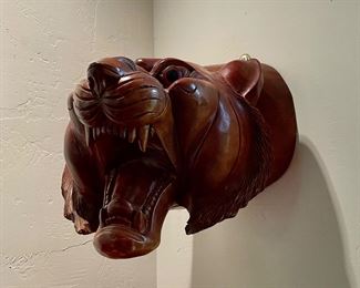 Hand-Carved Wood Lion Bust.