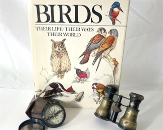 Birdwatching Bundle Vintage Binoculars, Brass Compass,  Bird Book