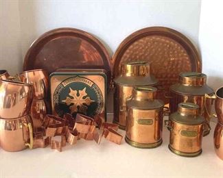 Copper Kitchen 12 Copper Mugs, Copper Canisters, Copper Snowflake Cookie Cutters,  Copper Trays.