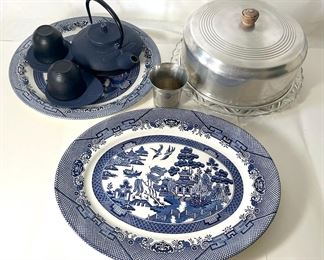 Dragonfly Tea Set, Blue White Plates,  Silver Cake Stand