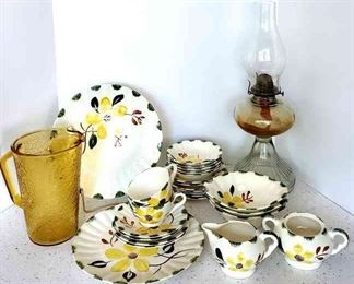 Hand Painted Blue Ridge Southern Potteries Inc Daisy Print Dishes, Oil Lamp Amber Beverage Pitcher
