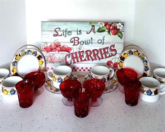 Mary Englebreit Cups Saucers, Ruby Red Sherbet Glasses,  More