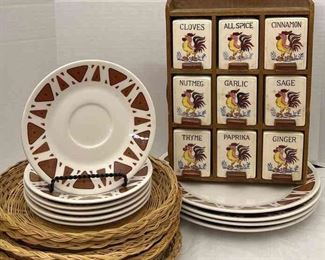Vintage Spice Set, Plate Set Wicker Plate Holders