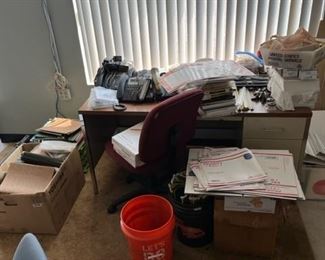 metal desk, chair, shipping supplies, phones
