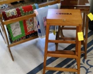 Cigar box plant stands, Oak quilt rack with vintage quilts