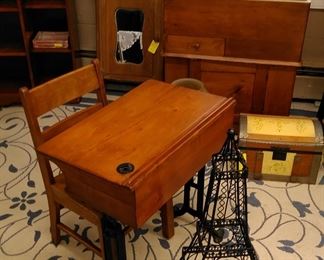 Vintage School Desk and chair, Eifle towel wine rack, Antique dry sink