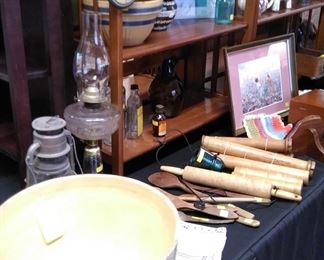 Vintage 14" yellow ware mixing bowl, oil lamps, primitive spoons, etc.