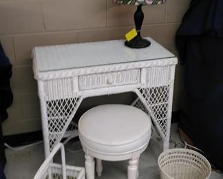 White wicker vanity, magazine rack, waste basket, white vanity stool, leaded glass lamp