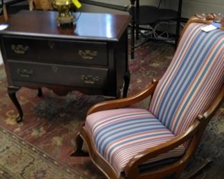 Lady's rocker, Queen Anne two drawer chest, Aladdin brass lamp, clover leaf table in back round