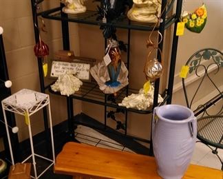 Garden items, McCoy floor vase, log bench, white plant stand