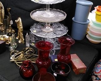 Glass cake stands, MCM red glass items