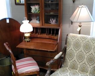 Beautiful drop front secretary, Victorian side chair, Aladdin brass lamp