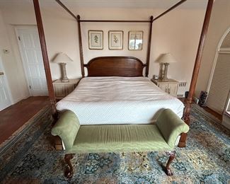 WOOD FOUR POSTER BED, CUSTOM UPHOLSTRY ROLLD ARM BENCH, 12 X 14 COLORFUL CARPET- MATCHING NIGHTSTANDS, MATCHED PAIR OF LAMPS