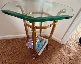 CONTEMPORARY MODERN OCTAGON THICK GLASS TOP BRASS SIDE TABLE