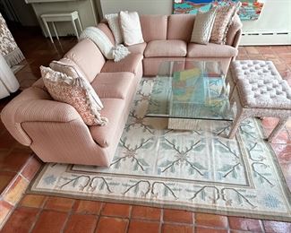 CONTMPORARY MODEREN CUSTOM SOFA, CUSTOM PARSONS BENCHES, CARPET AND CUTOM PILLOWS