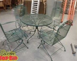 Vintage Wrought Iron Patio Table Set of 4 Spring Rocking Chairs