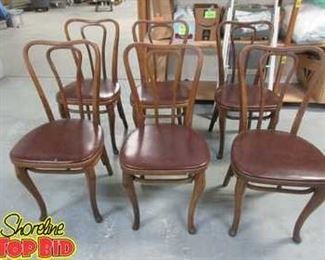 6 Art Deco Cafe Style Chairs with Brown Vinyl Upholstered Seats Ca. 1900s