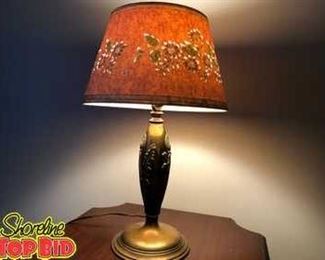 Brass lamp with cut paper shade, vintage. Lamp base has lovely overall dandelion relief, brass