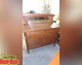 Antique Tiger Oak Buffet, Beveled Glass Mirror