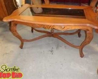Glass Top Coffee Table Hand Carved Wood Decor