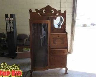 Antique Oak Secretary Bookcase Curved Glass, Very Attractive