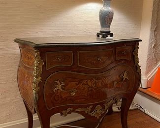 Spectacular antique French Bombay chest with fruitwood inlay and Ormolu amounts