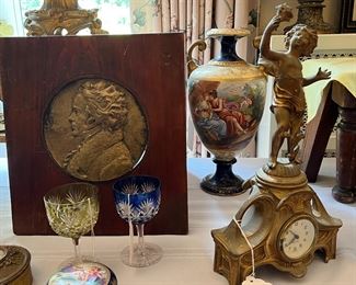 Wonderful antique brass plaque as Beethoven’s silhouette, and a beautiful gold, gilt figural German clock