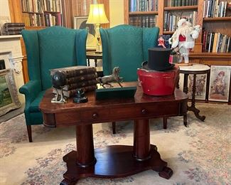 BEAUTIFUL ANTIQUE EMPIRE STYLE TABLE,  TOP  HAT WITH BOX, STYLISH WINGBACKS AND OTHER TREASURES
