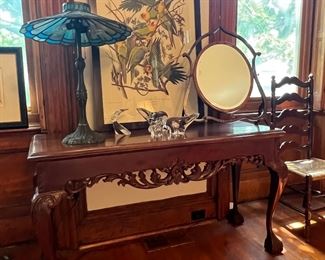 GORGEOUS ANTIQUE TABLE, LOVELY LAMP, BEAUTIFUL ANTIQUE SHAVING MIRROR & STEUBEN GLASS FIGURES