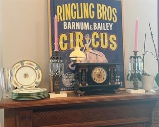 CIRCUS POSTER, ANTIQUE MANTLE CLOCK & PAIR OF GARNITURES