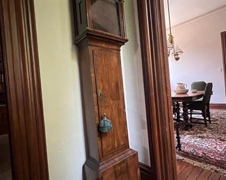 CIRCA 1830'S HANDSOME TALL CASE CLOCK BY JOSEPH QUARMAN WITH BRASS FACE AND WITH HAND WROUGHT CAST IRON WEIGHTS 