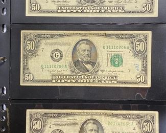 These vintage $50 Dollar Bills are for sale! Please text or call 703-268-9529 or email tysonsjewelry@yahoo.com for inquiries.