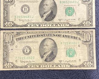 These vintage $10 Dollar Bills are for sale! Please text or call 703-268-9529 or email tysonsjewelry@yahoo.com for inquiries.