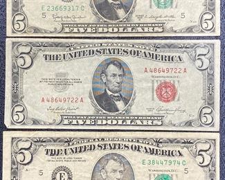 These vintage $5 Dollar Bills are for sale! Please text or call 703-268-9529 or email tysonsjewelry@yahoo.com for inquiries.