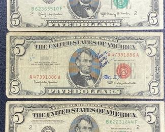 These vintage $5 Dollar Bills are for sale! Please text or call 703-268-9529 or email tysonsjewelry@yahoo.com for inquiries.