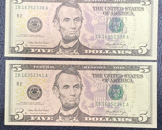 These vintage $5 Dollar Bills are for sale! Please text or call 703-268-9529 or email tysonsjewelry@yahoo.com for inquiries.