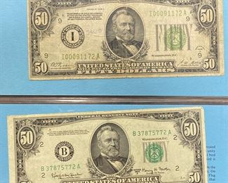 These vintage $50 Dollar Bills are for sale! Please text or call 703-268-9529 or email tysonsjewelry@yahoo.com for inquiries.