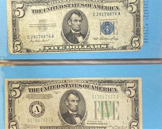These vintage $5 Dollar Bills are for sale! Please text or call 703-268-9529 or email tysonsjewelry@yahoo.com for inquiries.