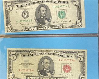 These vintage $5 Dollar Bills are for sale! Please text or call 703-268-9529 or email tysonsjewelry@yahoo.com for inquiries.