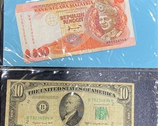 These vintage $10 Dollar Bills & pieces of Malaysian paper money currency are for sale! Please text or call 703-268-9529 or email tysonsjewelry@yahoo.com for inquiries.