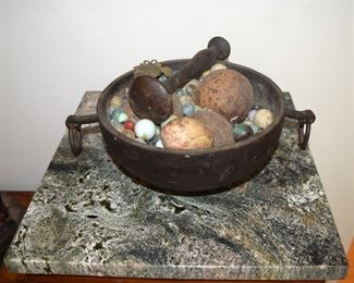 Cast Iron Mortar & Pestle with Cannon Balls & Marbles