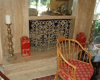 Brass candlestick and pair of red Chines jars