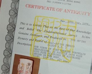 Certificate of antiquity