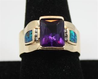 14K Yellow Gold Opal, Amathyst, and Diamond Ring
