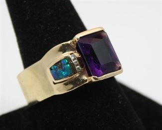 14K Yellow Gold Opal, Amathyst, and Diamond Ring